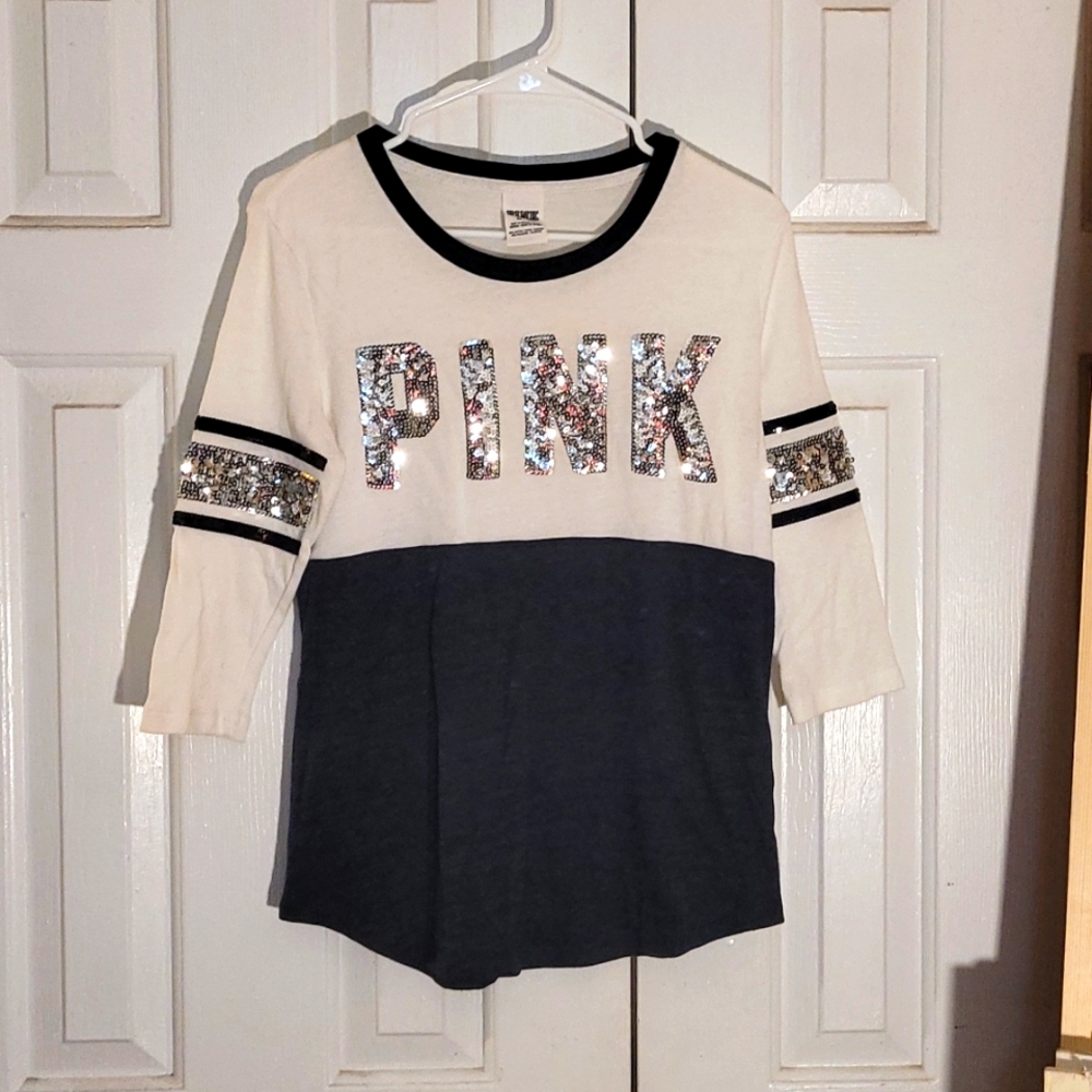 Victoria secret pink black sequin sparkly quarter sleeve tee shirt
